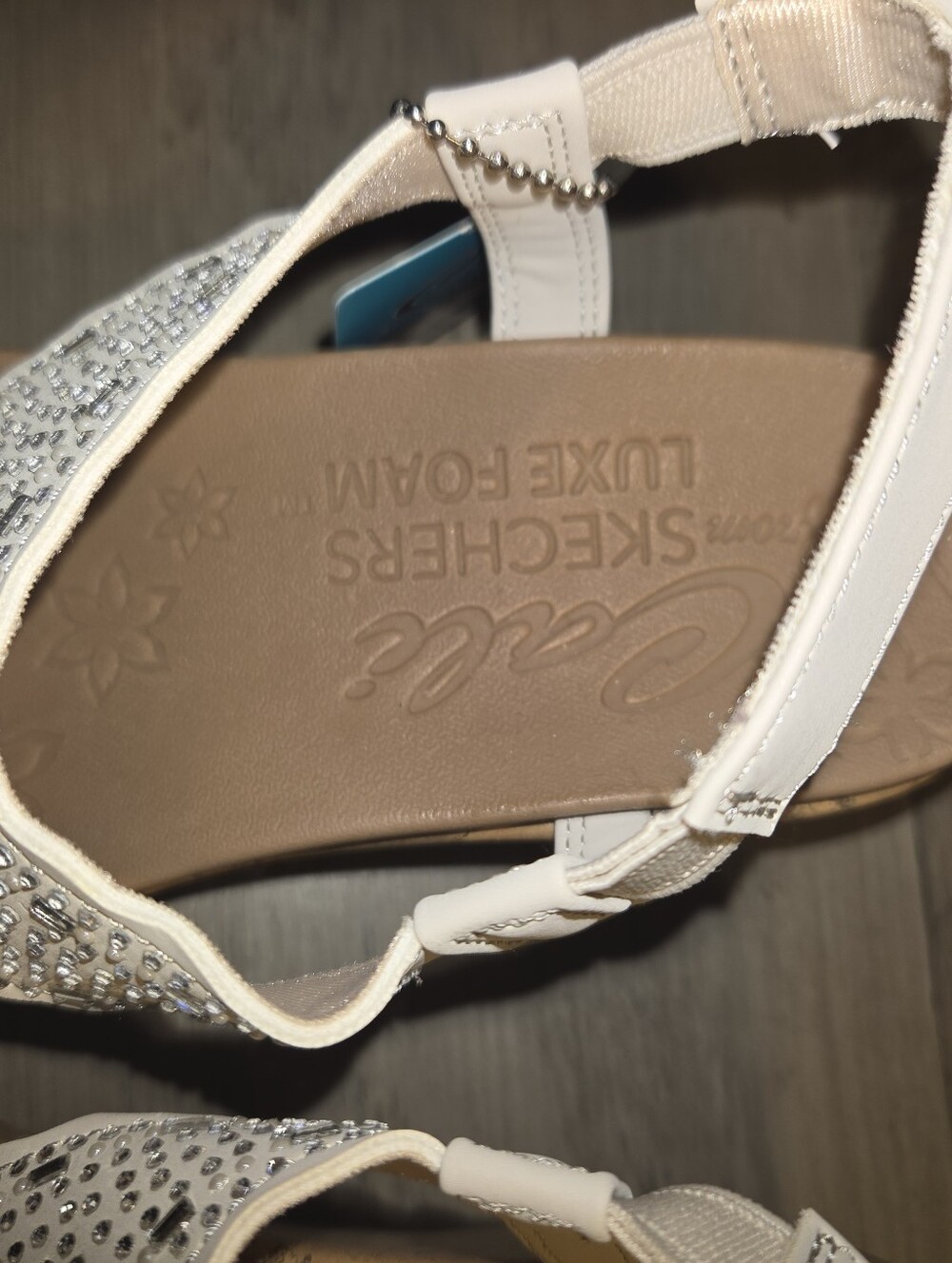 Skechers Women's White Crochet Rhinestone T-Strap Slingback Sandals - Picture 3 of 7